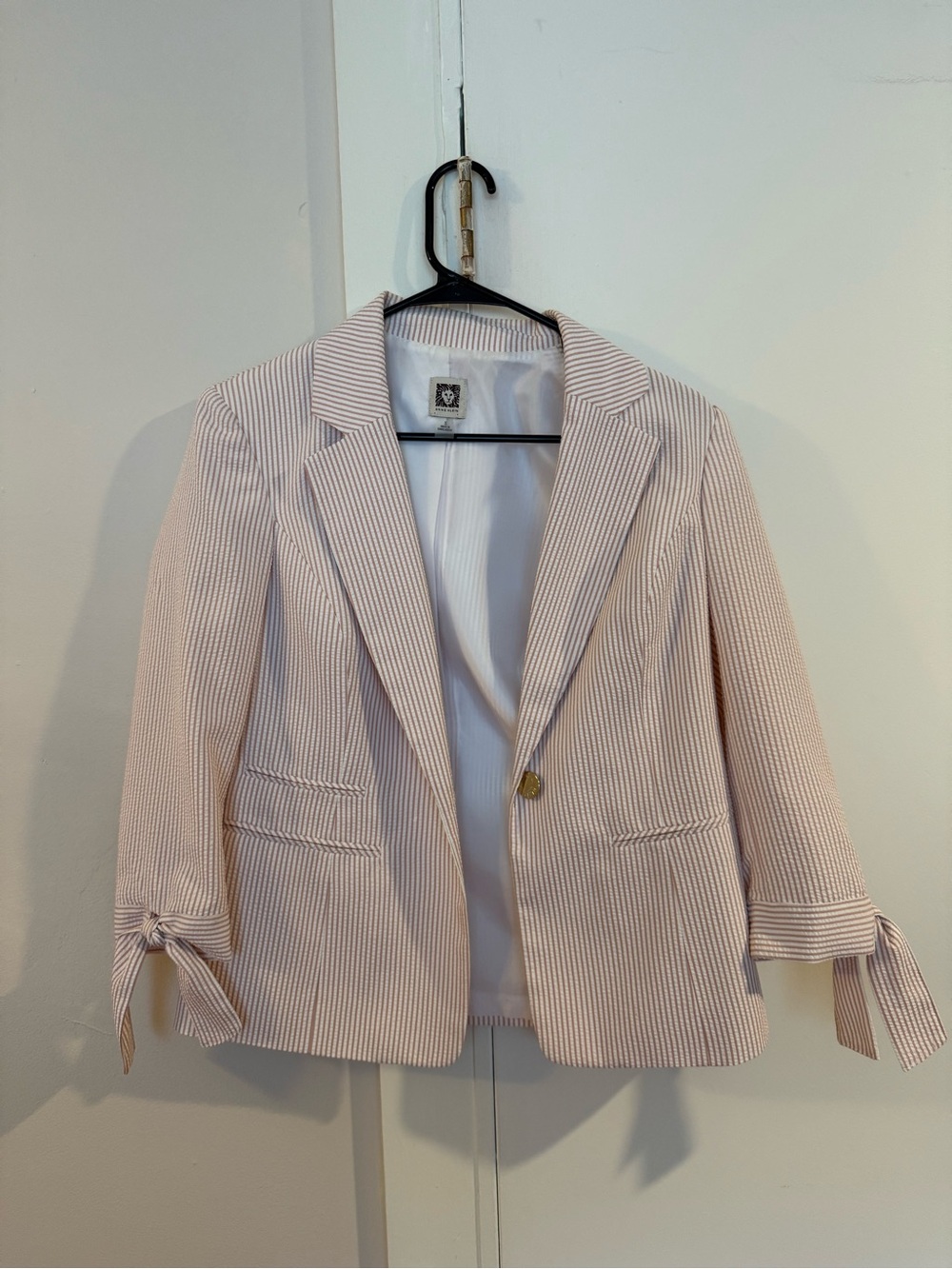 Anne Klein Pink and White Seersucker Tie-Sleeve Blazer